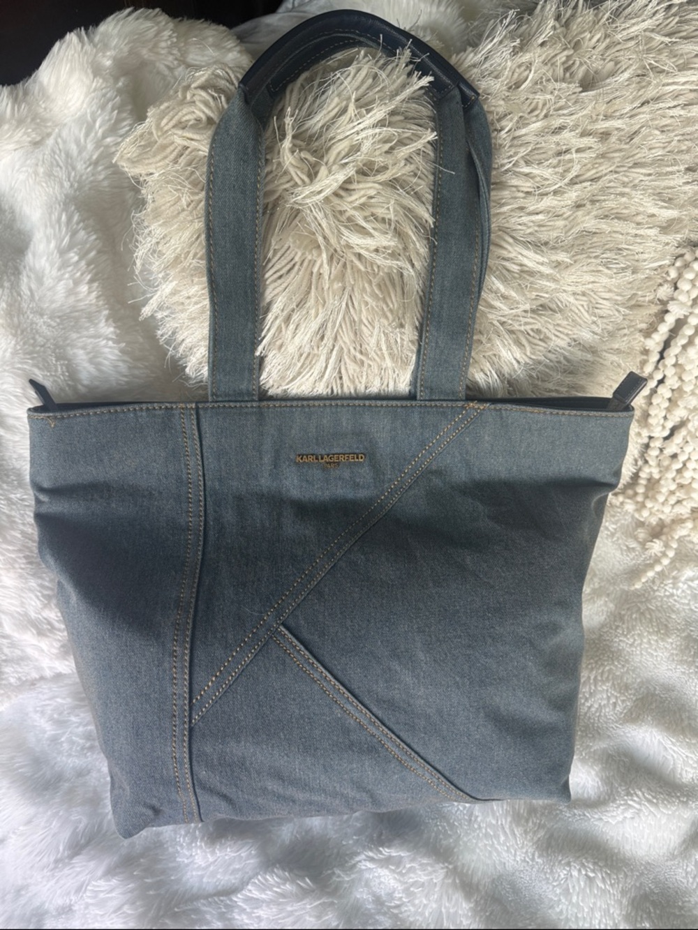 Karl Lagerfeld Slate Blue Denim Tote with Gold Logo